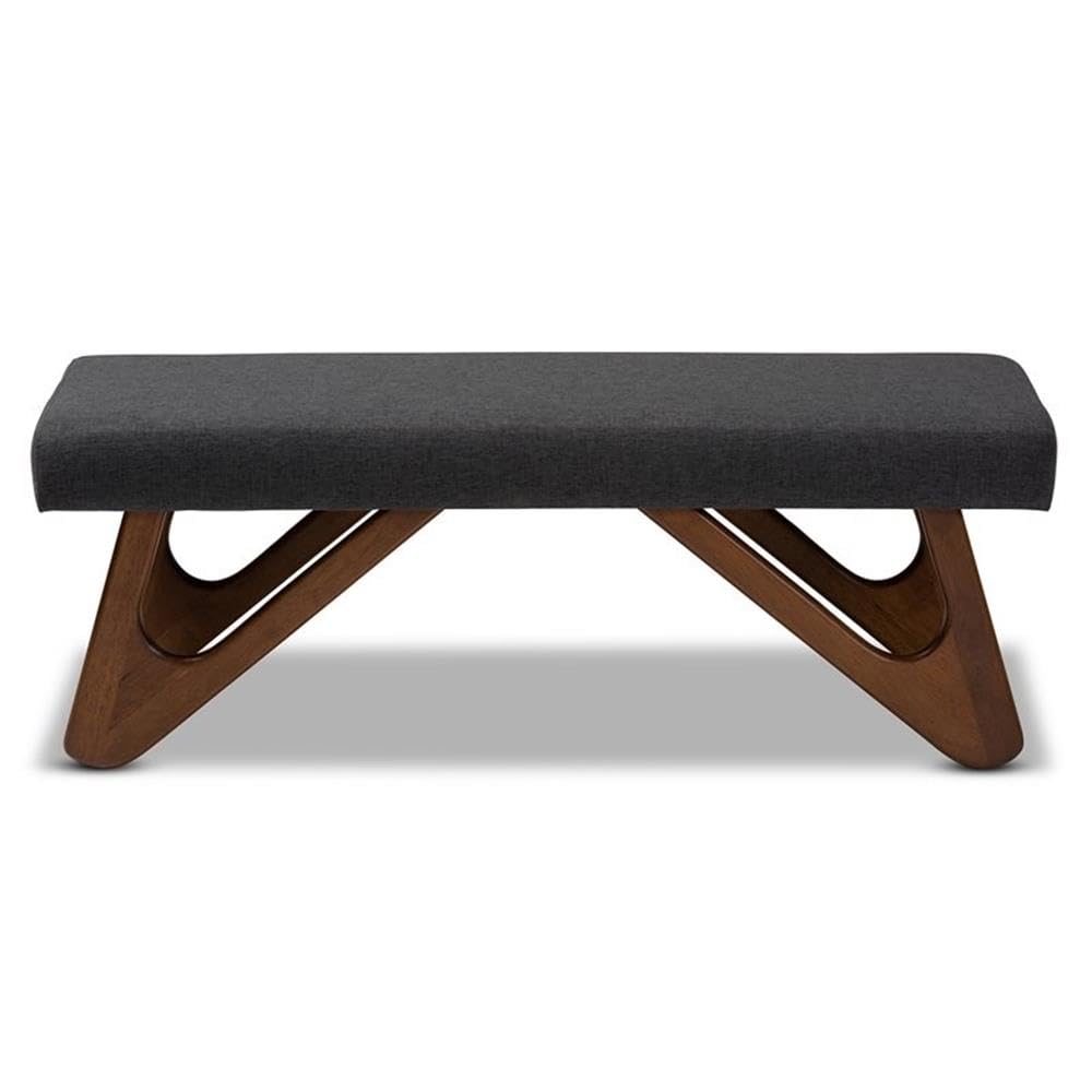 Baxton Studio Rika Dark Grey Upholstered Walnut Brown Boomerang Bench